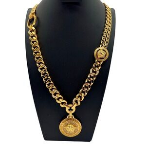 Versace Medusa Head Gold Tone Crystal Encrusted Curb Link Necklace Mens Jewelry